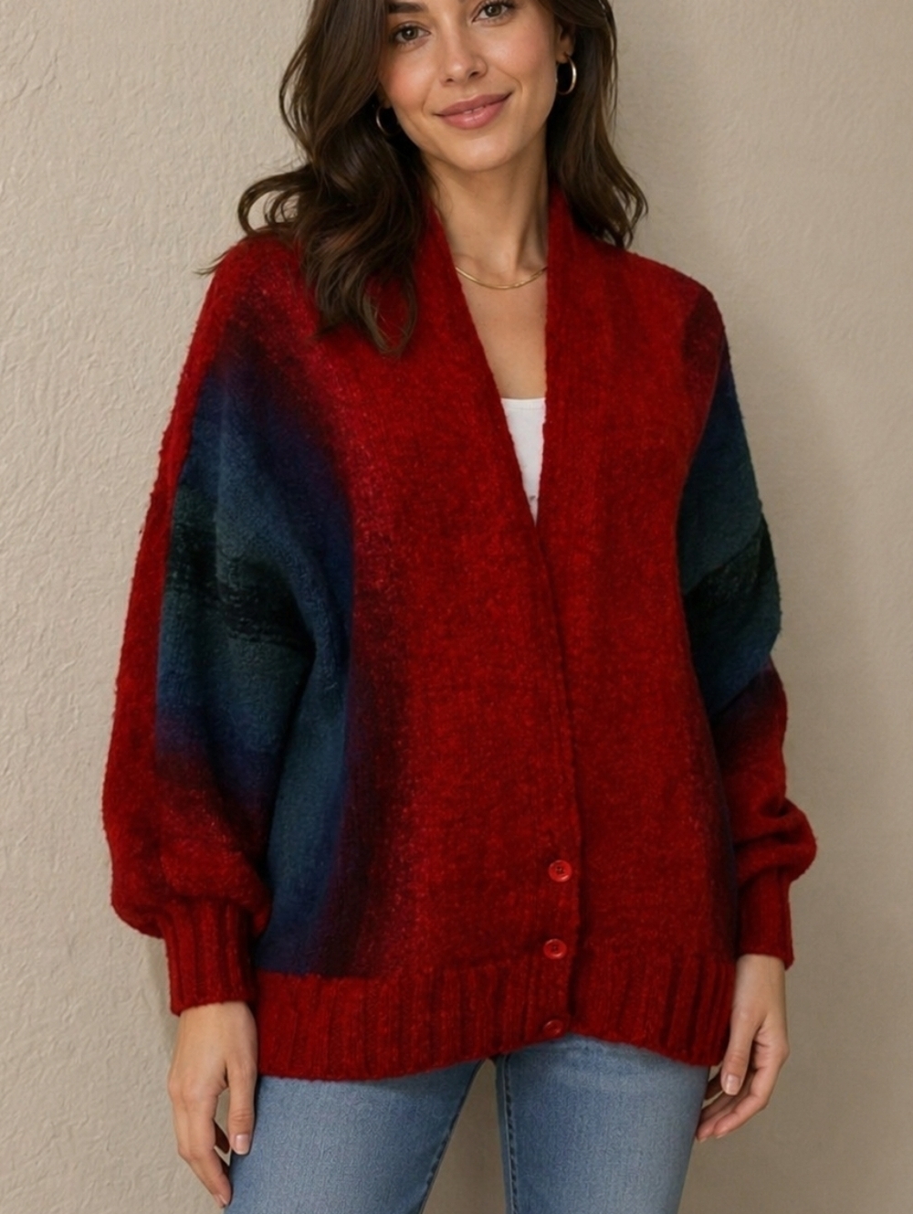 PAITITI WOOLENS CO 1980s Tomato Red Alaskan Dolman Chunky Knit Wool Cardigan